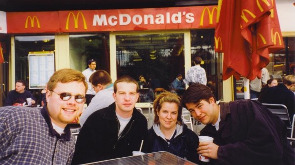 Casey MacGregor, Ryan Rue, The Future Mrs. The Hodgkins Lutheran, and Patrick
Kaufman eat lunch at the only place Mrs. THL would patronize while on a Choir trip in 1998.